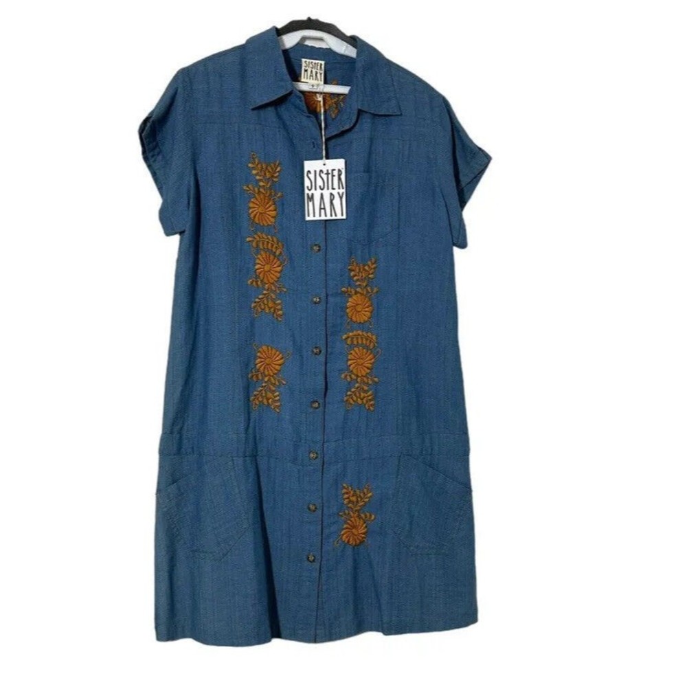 Sister Mary Abigail Embroidered  Short‎ Sleeve Linen Shirt Dress Small floral